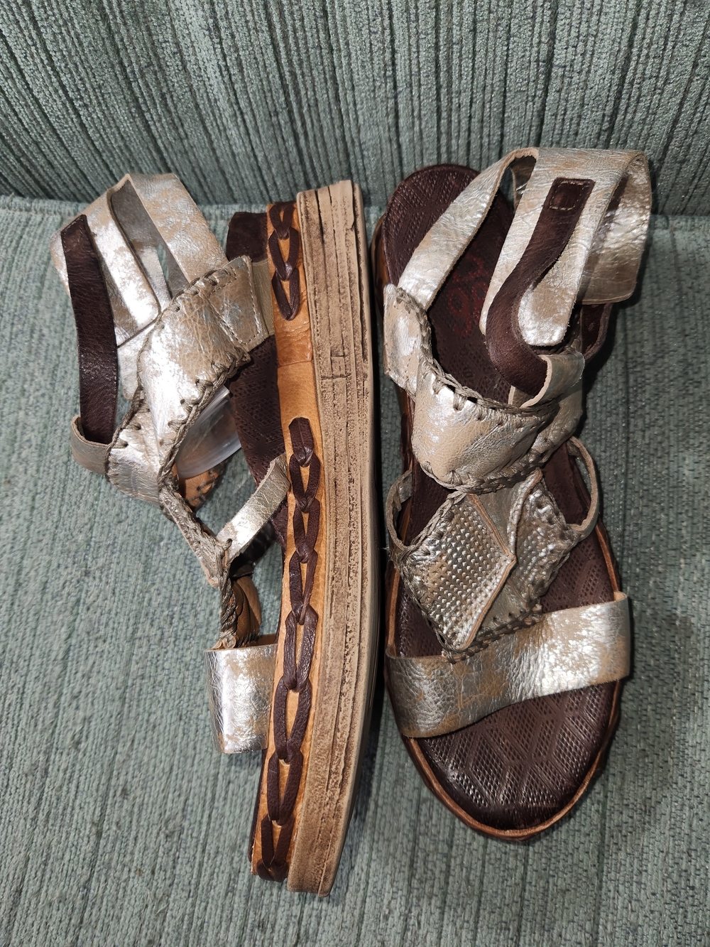 🍉A.S.98 Lagos Metallic Silver and Brown Leather Wedge Sandals - Picture 2 of 6